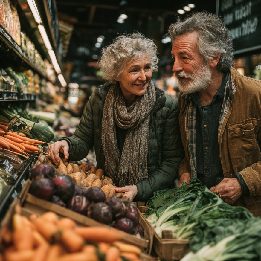 Літня пара готує здорову їжу разом на кухні